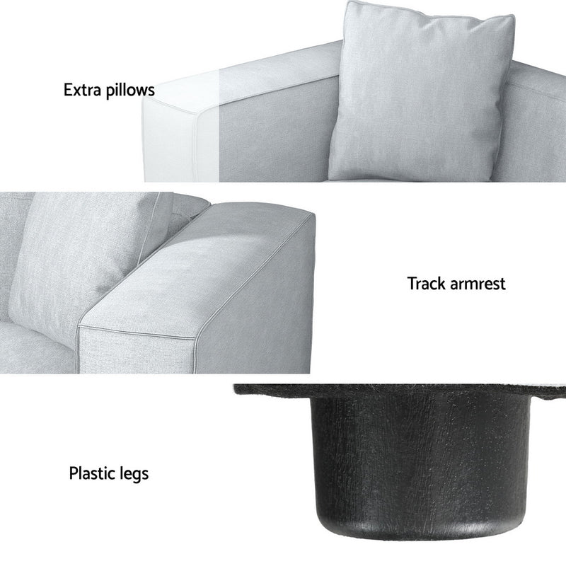 Close-up details of Modular Sofa Chaise Set 3-Seater Grey showing extra pillows, track armrest, and plastic legs in soft grey linen upholstery.