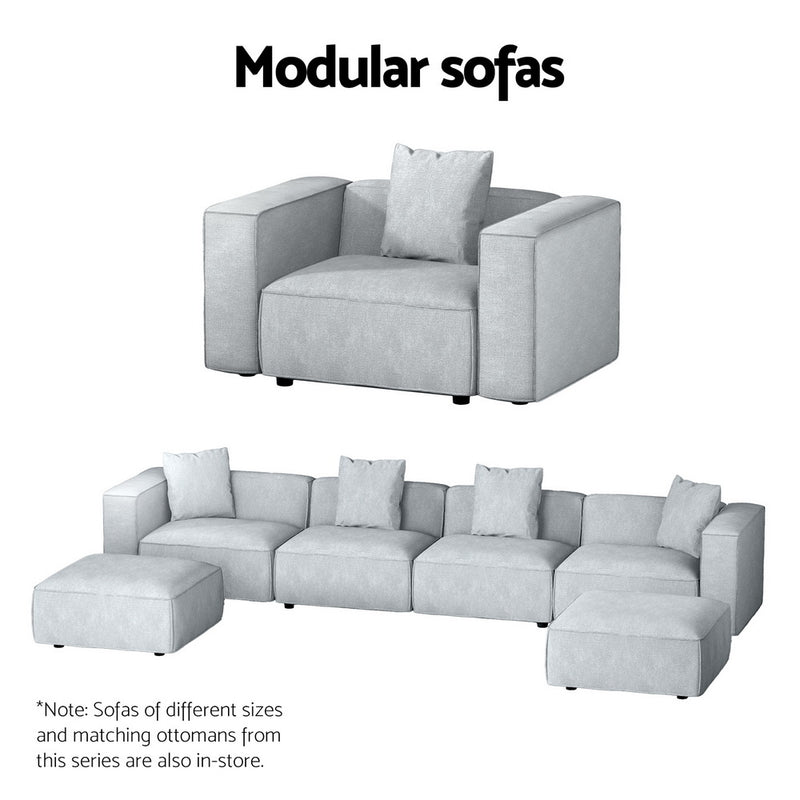 Modular Sofa Chaise Set 3-Seater Grey with soft linen upholstery, cushions, and matching ottomans shown on white background