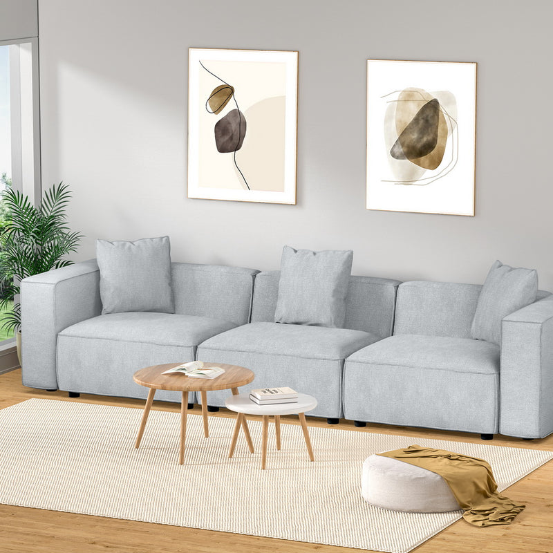 Modular Sofa Chaise Set 3-Seater Grey with soft linen upholstery, modern design, and plush cushions in a stylish living room setting