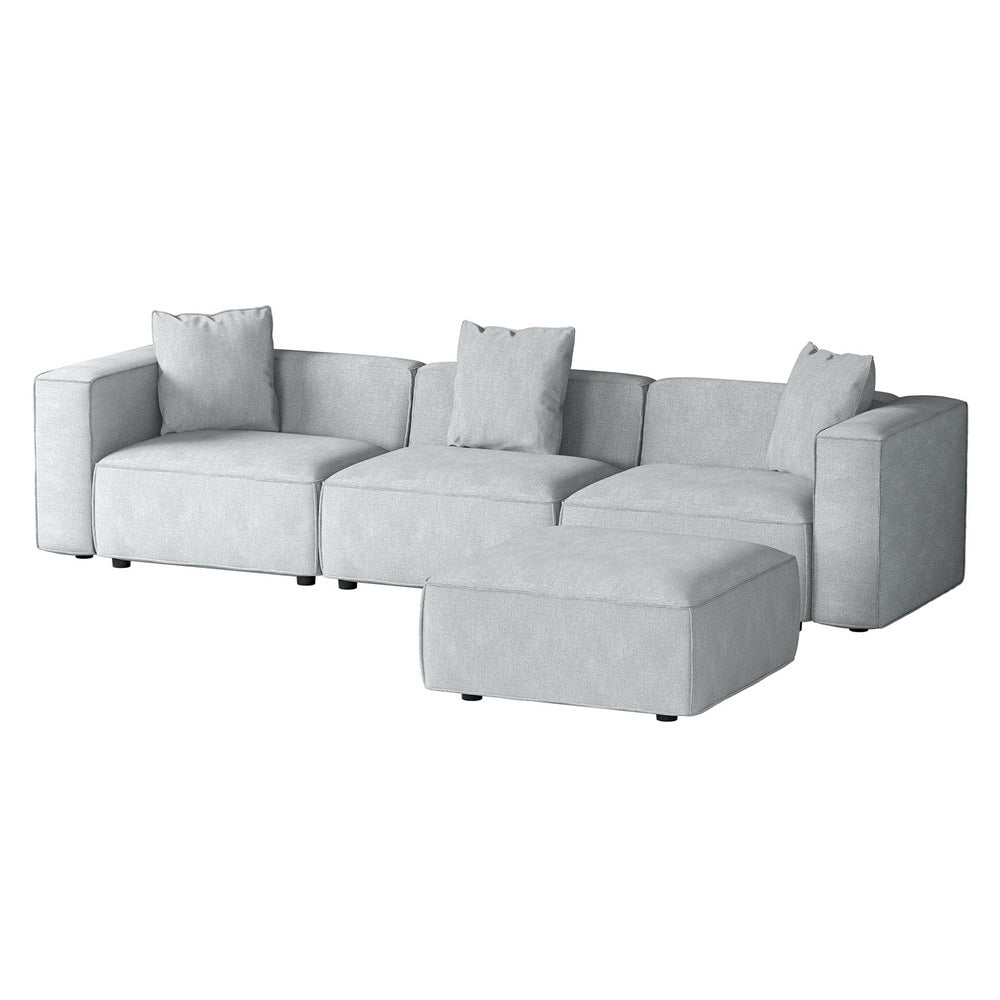 Modular Sofa Chaise Set 4-Seater Grey with soft linen upholstery and separate ottoman, modern living room seating design