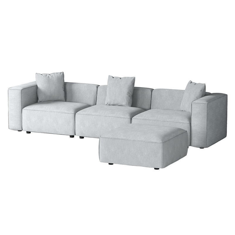 Modular Sofa Chaise Set 4-Seater Grey with soft linen upholstery and separate ottoman, modern living room seating design