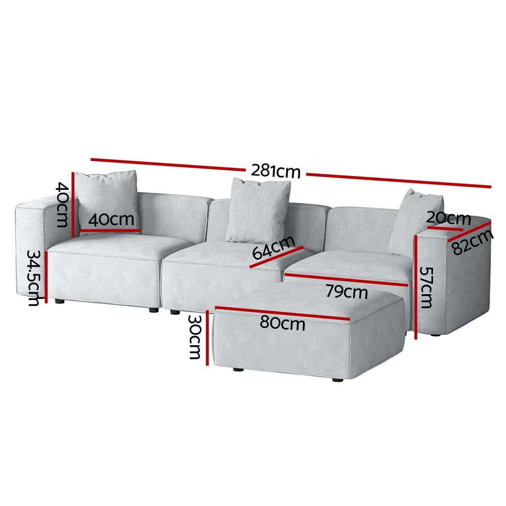 Modular Sofa Chaise Set 4-Seater Grey with soft linen upholstery and labeled dimensions for modern living room seating
