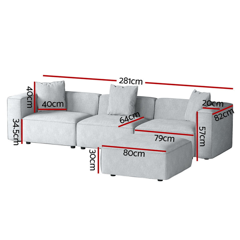 Modular Sofa Chaise Set 4-Seater Grey with soft linen upholstery and labeled dimensions for modern living room seating