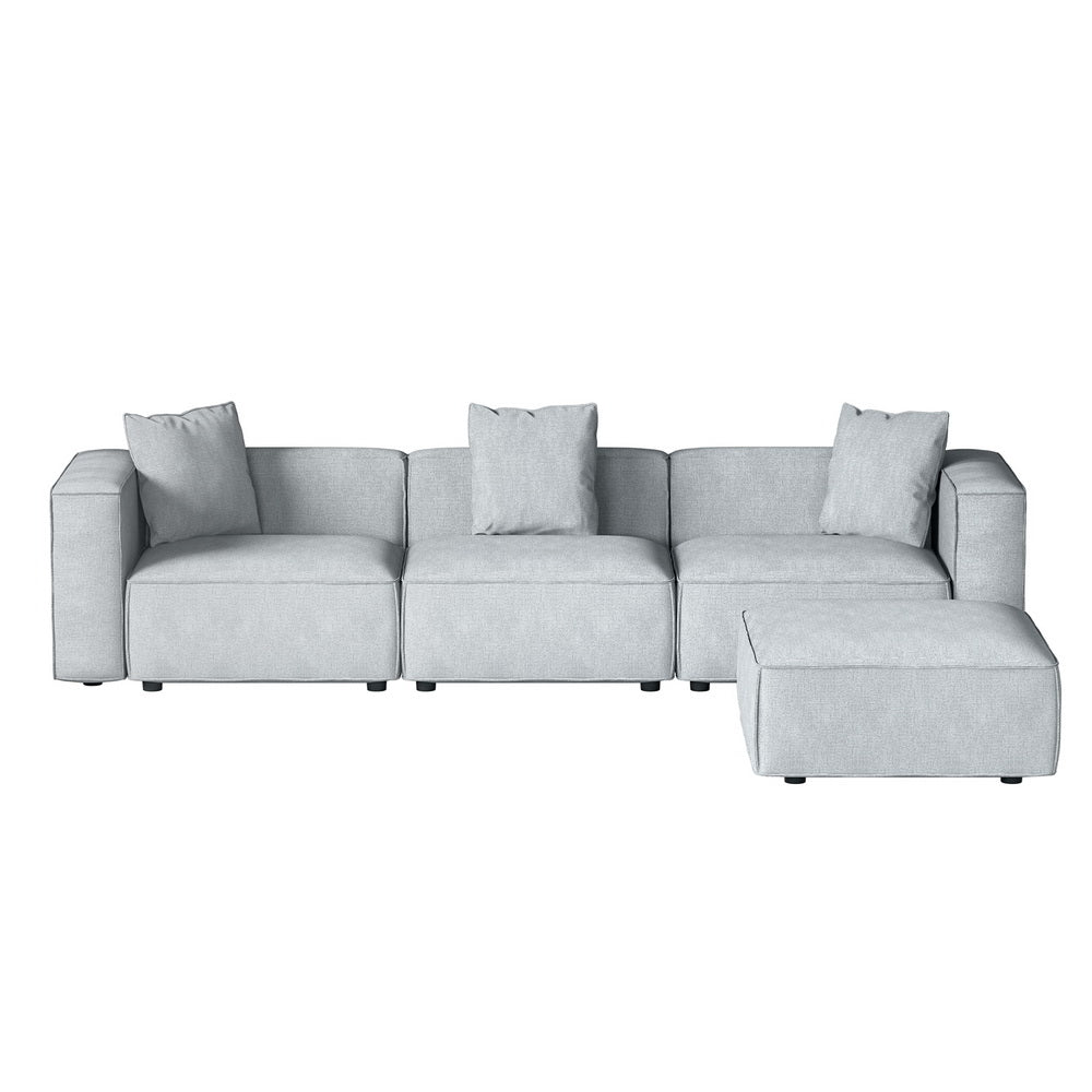 Modular Sofa Chaise Set 4-Seater Grey with soft linen fabric upholstery and loose back cushions in modern style