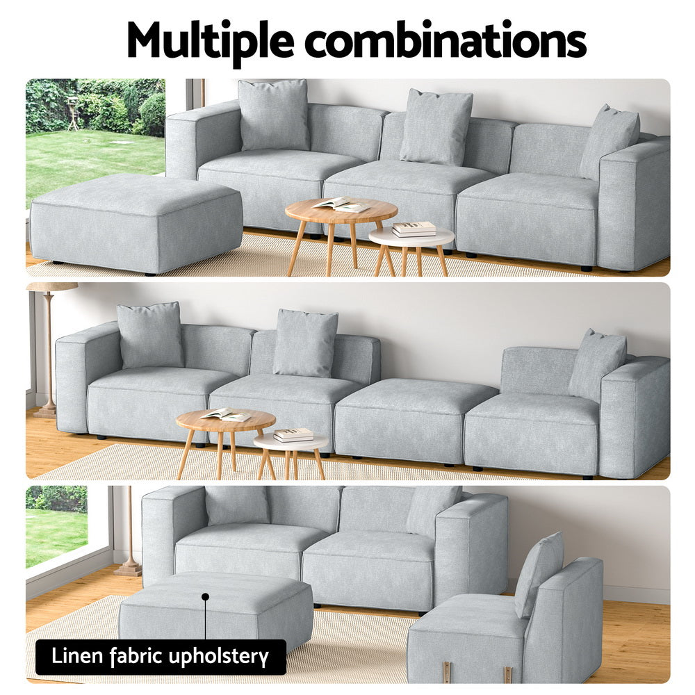 Modular Sofa Chaise Set 4-Seater Grey in soft linen fabric upholstery shown in multiple living room arrangements