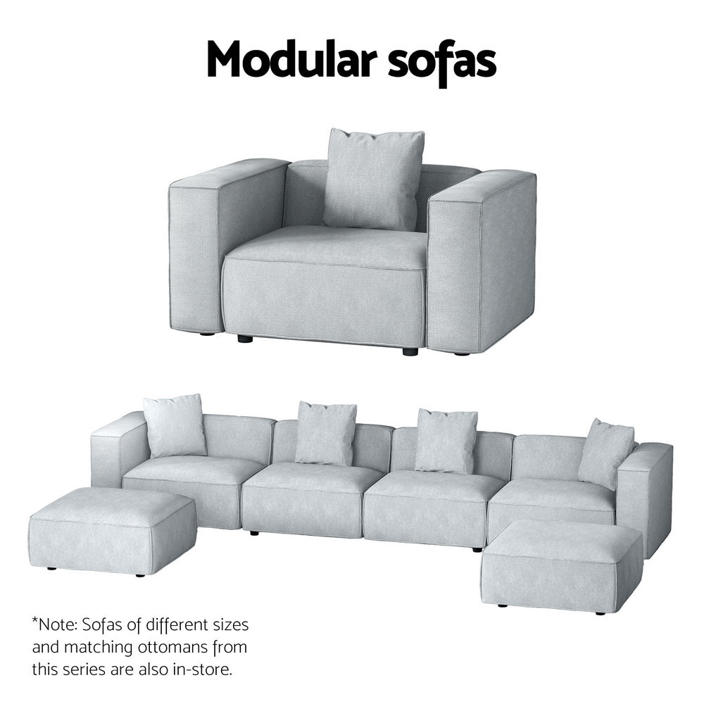 Modular Sofa Chaise Set 4-Seater Grey in soft linen fabric with removable cushions and ottomans shown on white background