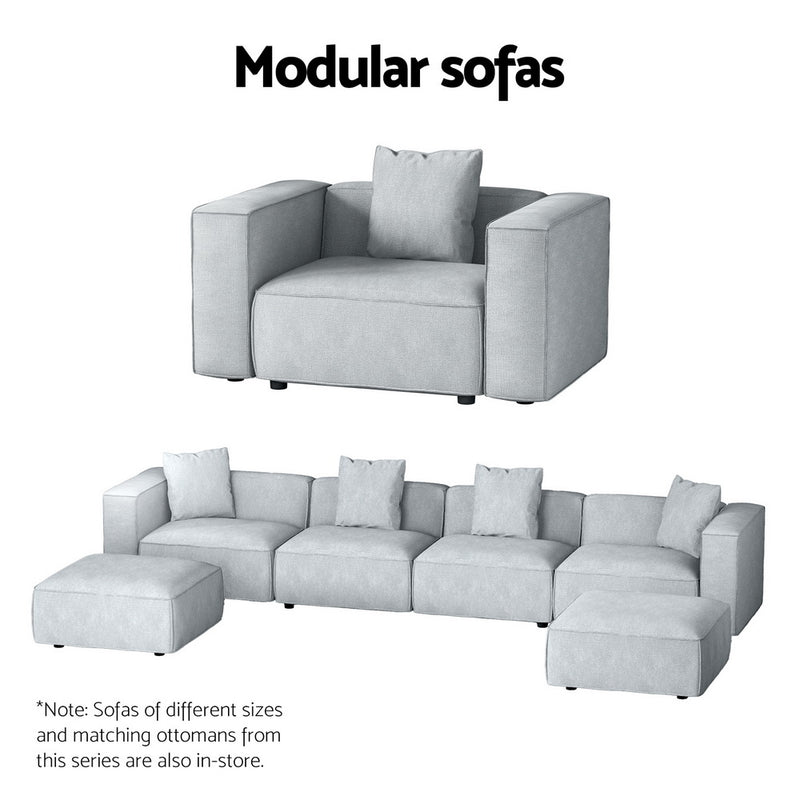 Modular Sofa Chaise Set 4-Seater Grey in soft linen fabric with removable cushions and ottomans shown on white background