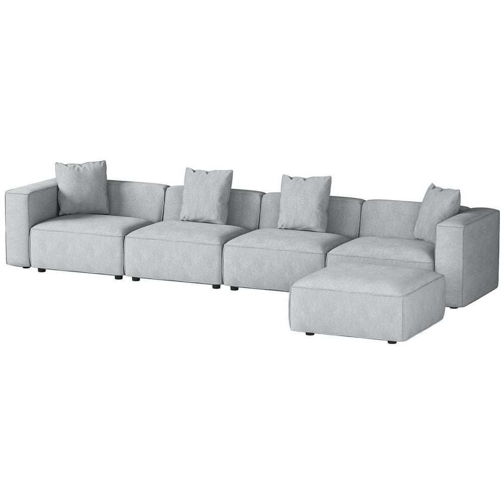 Modular Sofa Chaise Set 5-Seater Grey with soft linen upholstery, low profile design, and removable cushions on white background