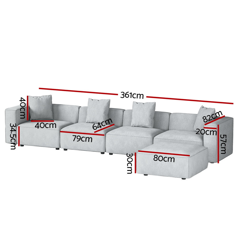 Modular Sofa Chaise Set 5-Seater Grey with linen upholstery, sectional design, and included cushions shown with dimensions.
