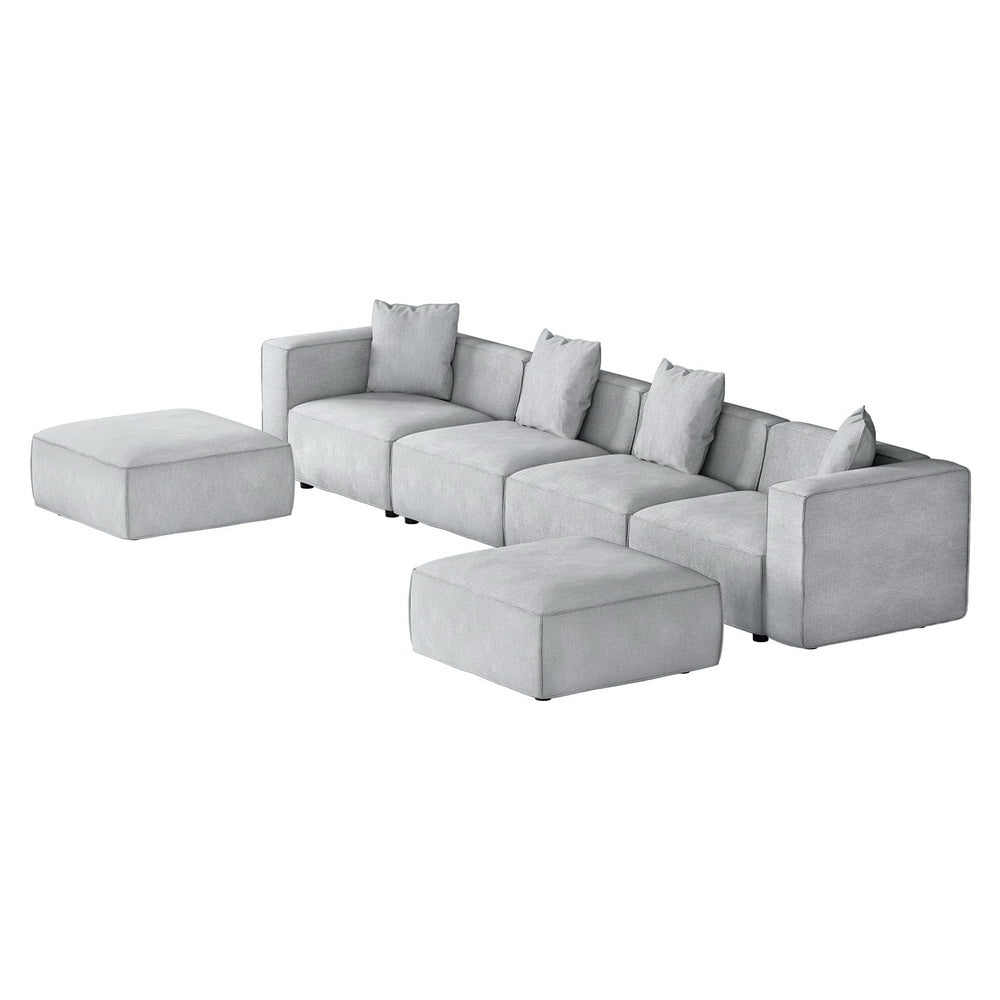 Modular Sofa Chaise Set 6-Seater Grey with soft linen upholstery, chaise lounge, and matching ottomans in modern style