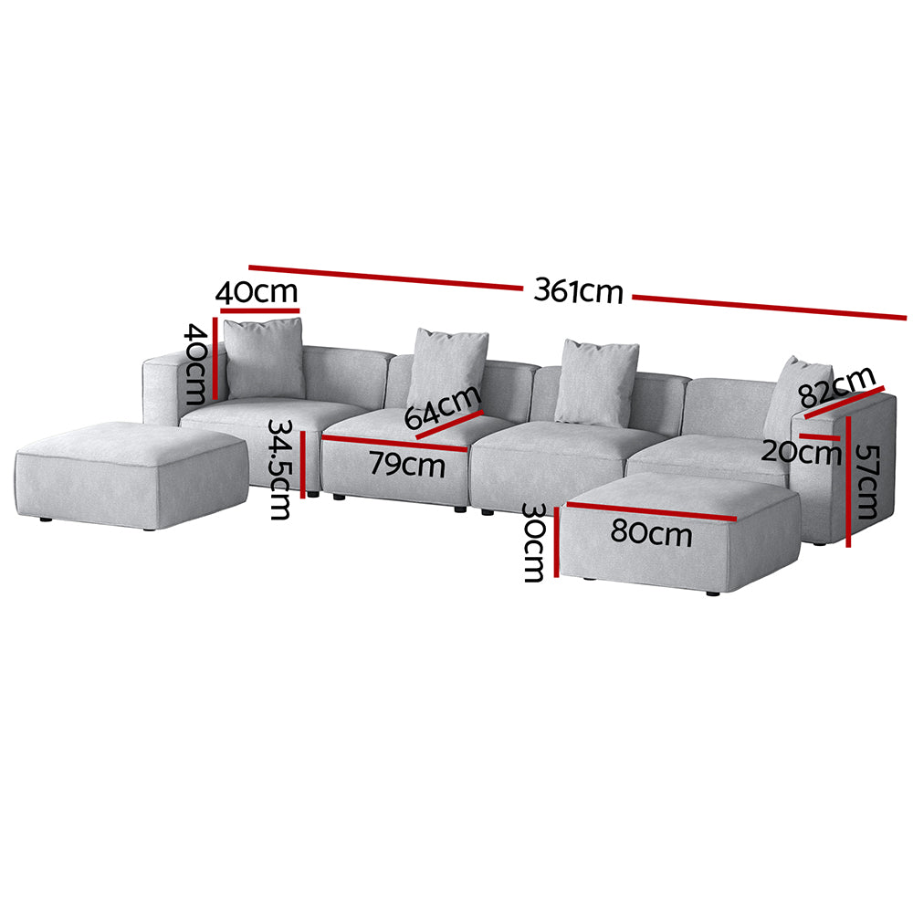 Modular Sofa Chaise Set 6-Seater Grey with linen upholstery, cushioned seats, and sectional design with dimensions shown