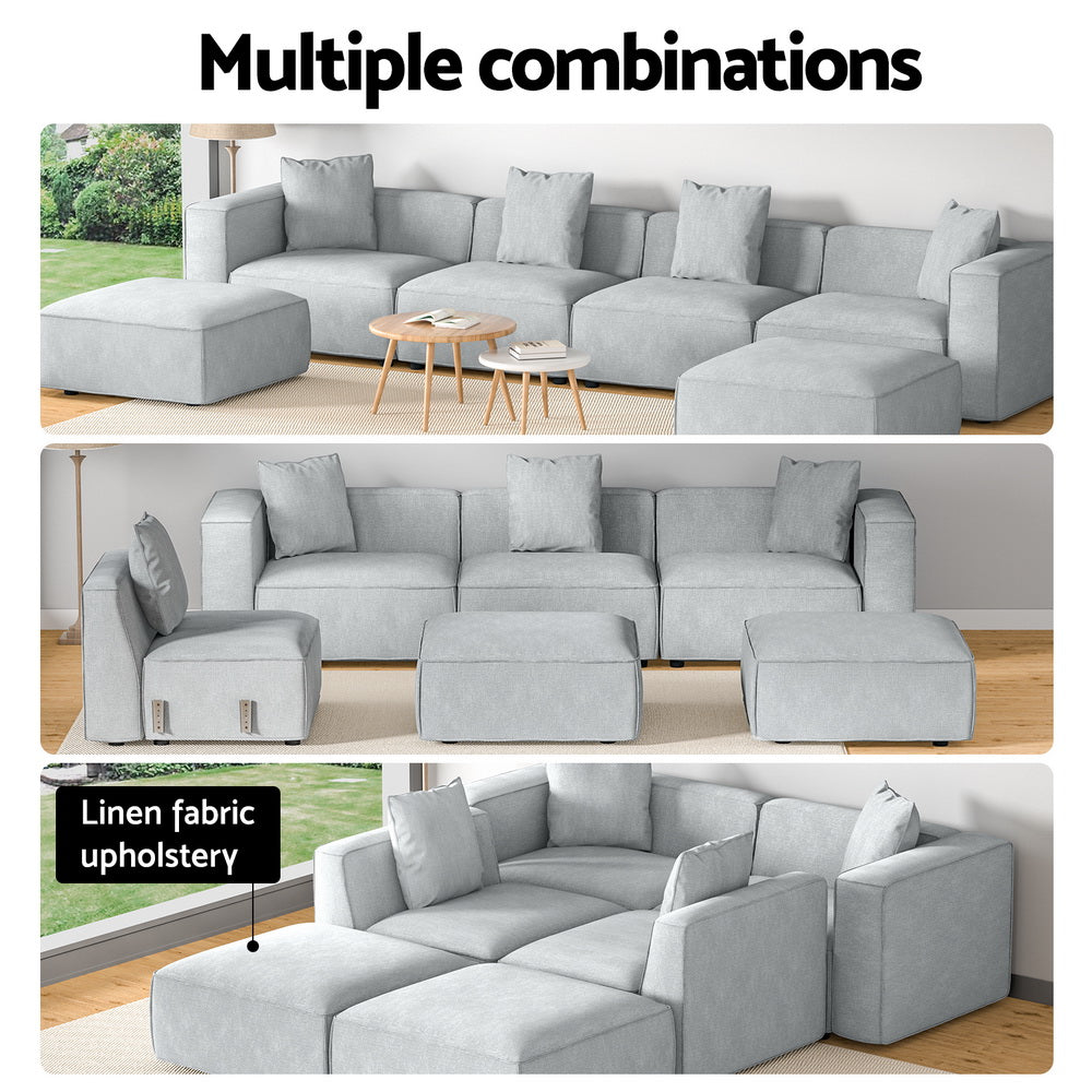 Modular Sofa Chaise Set 6-Seater Grey with linen fabric upholstery shown in multiple configurations in modern living room settings