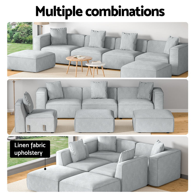 Modular Sofa Chaise Set 6-Seater Grey with linen fabric upholstery shown in multiple configurations in modern living room settings