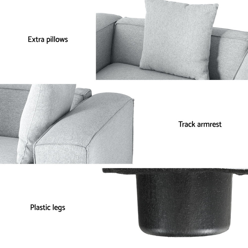 Modular Sofa Chaise Set 6-Seater Grey showing extra pillows, track armrest, and black plastic legs close-up details