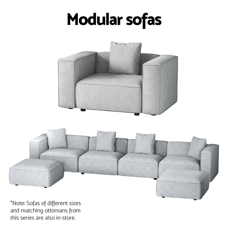 Modular Sofa Chaise Set 6-Seater Grey with soft linen upholstery, multiple seating modules, and matching ottomans on white background