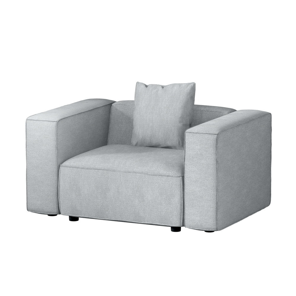 Modular Sofa Chaise Set 1-Seater Grey with soft linen upholstery and wide armrests, designed for modern living spaces