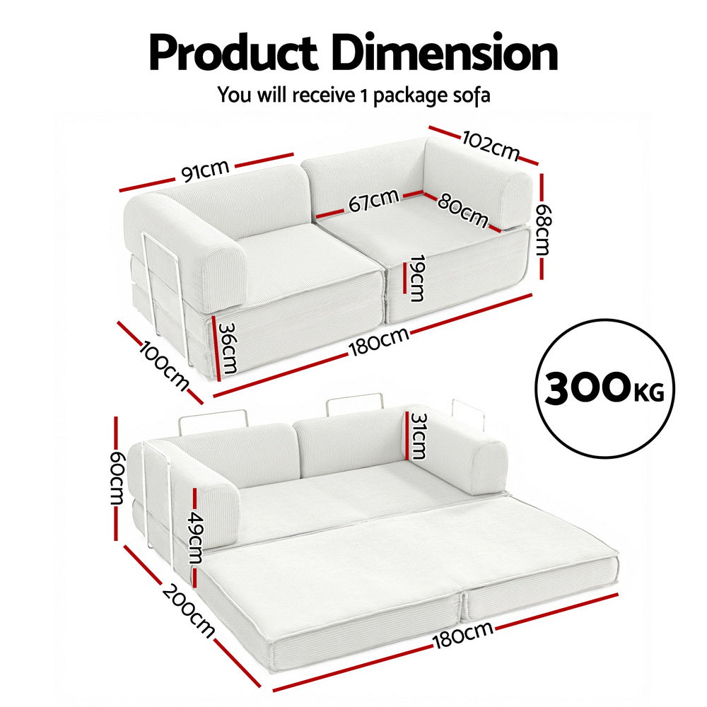 Convertible Folding Sofa Bed Beign shown with dimensions in cm and weight capacity, illustrating sofa and unfolded bed positions.