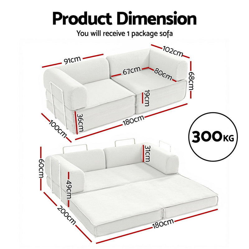 Convertible Folding Sofa Bed Beign shown with dimensions in cm and weight capacity, illustrating sofa and unfolded bed positions.