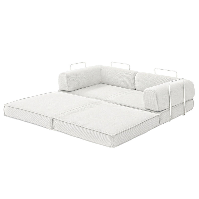 Convertible Folding Sofa Bed Beign in light fabric with removable cushions and metal frame supports on white background