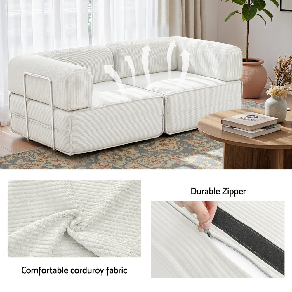 Convertible Folding Sofa Bed Beign in white corduroy fabric with sturdy steel frame shown in living room setting with zipper detail