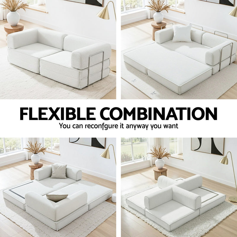 Convertible Folding Sofa Bed Beign shown in multiple configurations in bright living room with natural light.