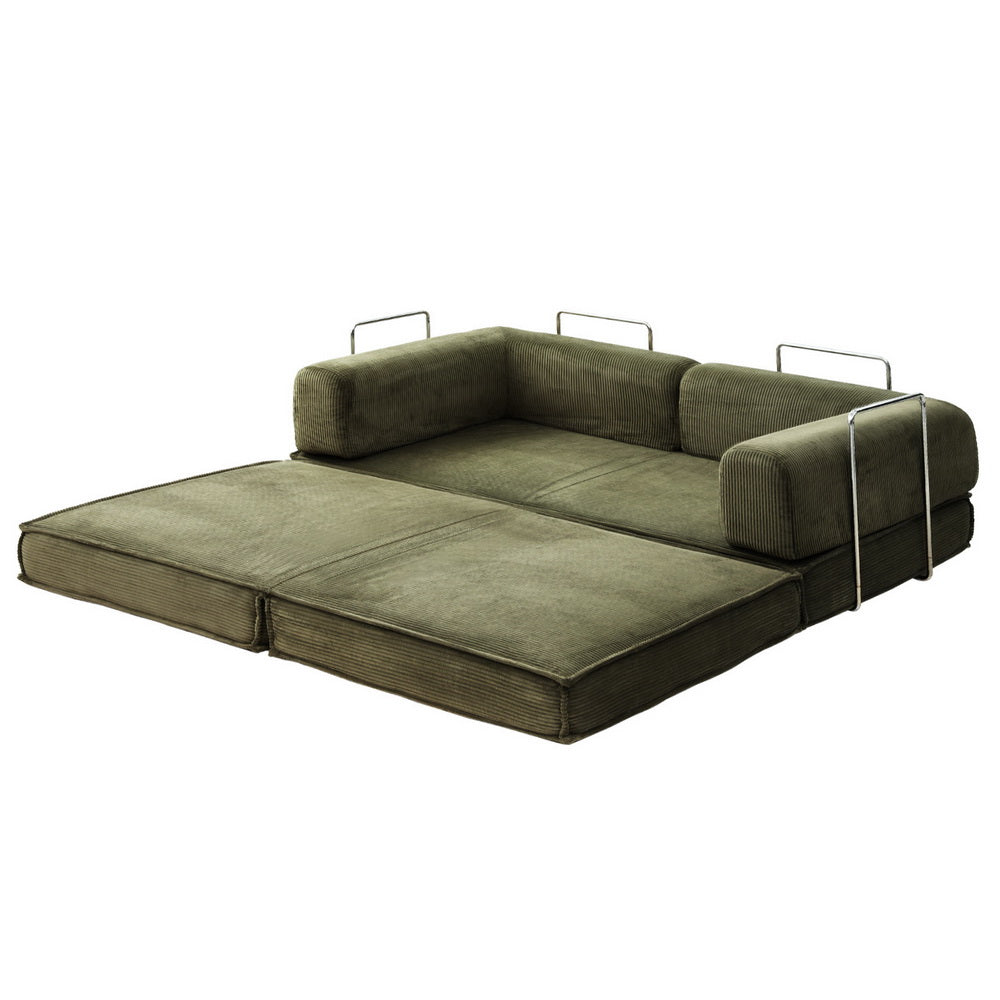 Convertible Folding Sofa Bed Green in folded flat position with steel frame and cushioned seating for versatile bedroom furniture.