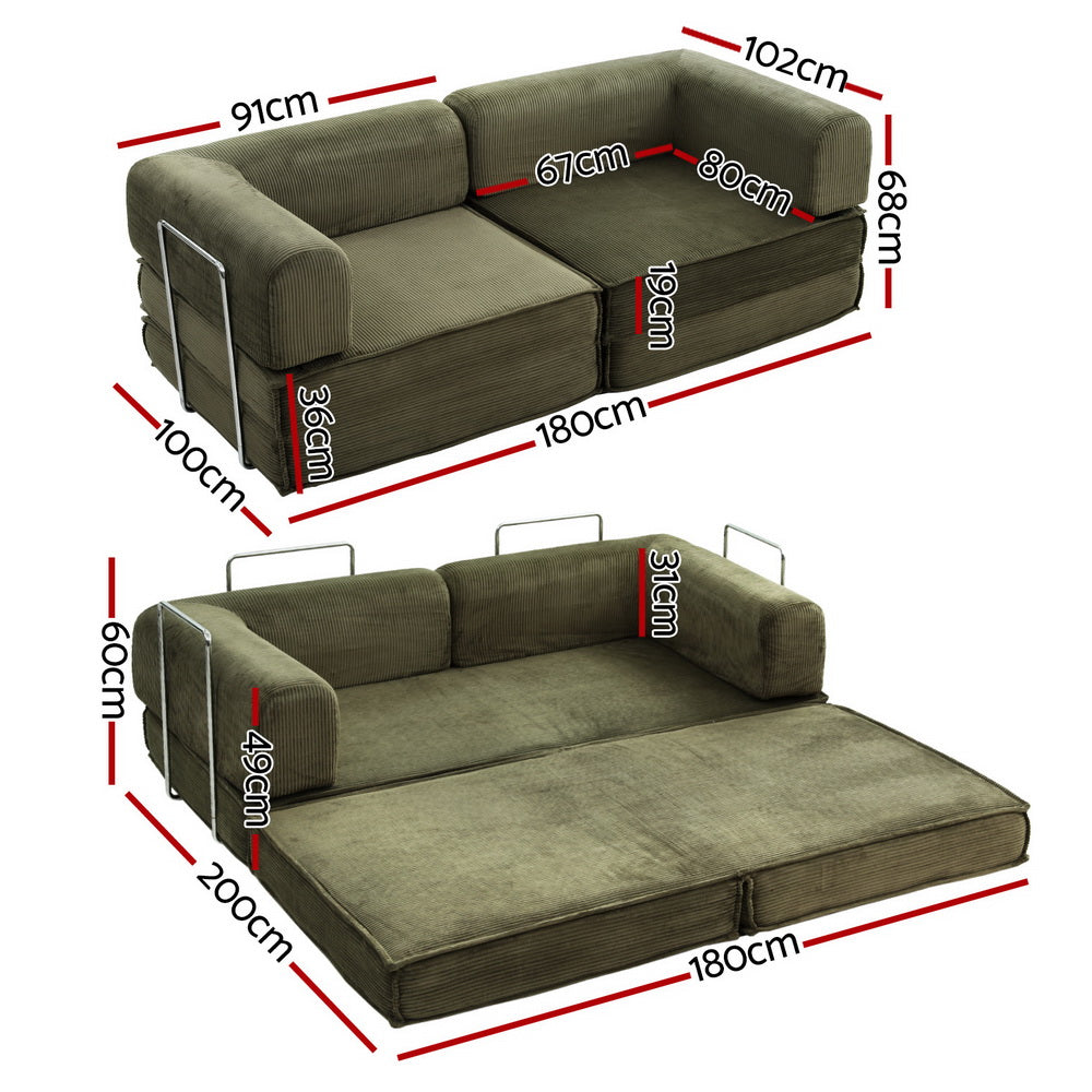 Convertible Folding Sofa Bed Green showing sofa and expanded bed configurations with dimension markings on white background