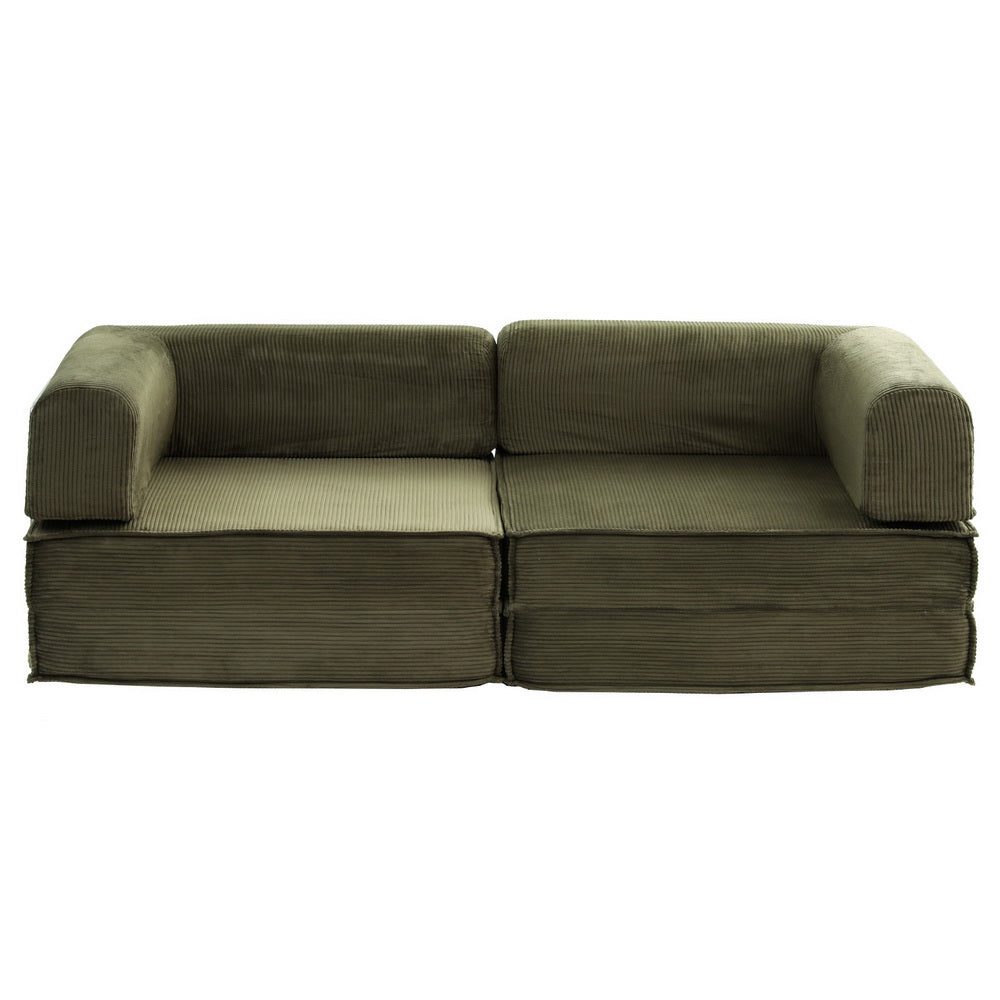 Convertible Folding Sofa Bed Green in plush corduroy fabric with sturdy design, shown as a compact two-seater sofa.