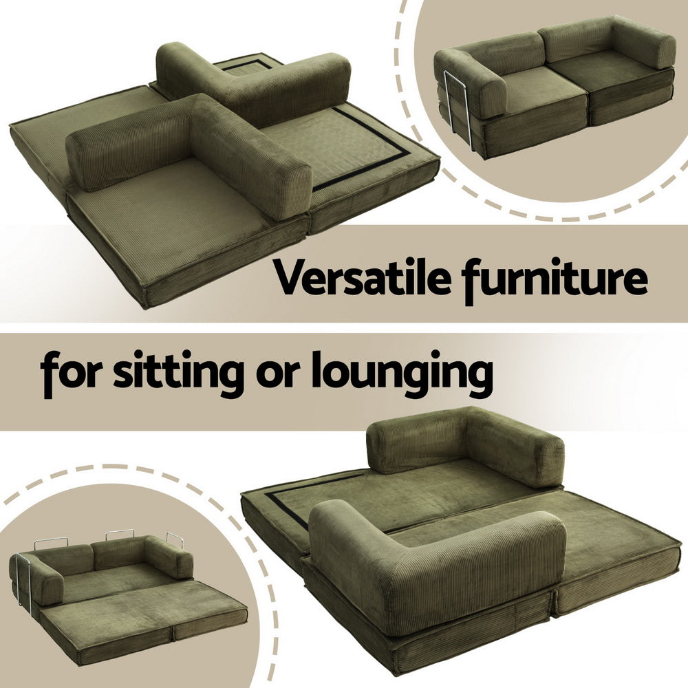 Convertible Folding Sofa Bed Green in folded sofa and flat bed positions, featuring sturdy steel frame and plush cushions