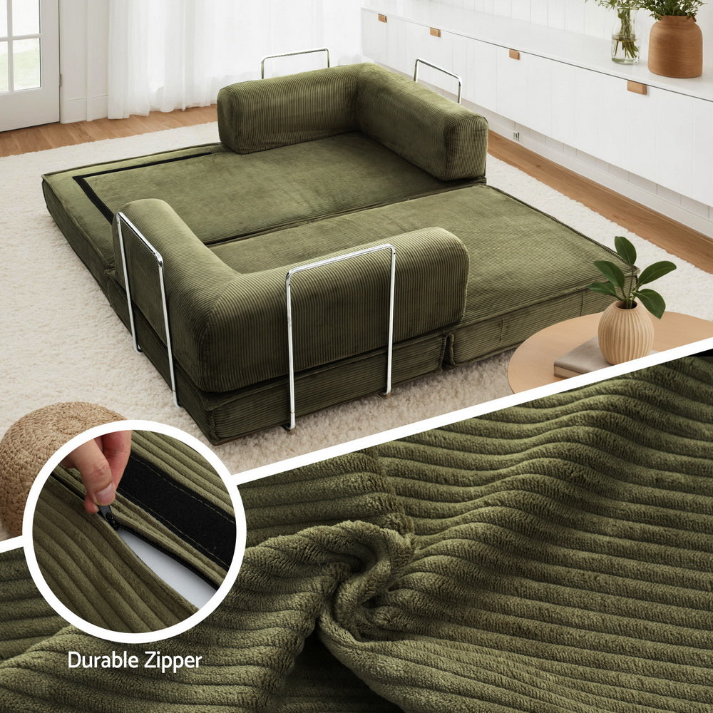 Convertible Folding Sofa Bed Green in corduroy fabric with steel frame, showing its foldable design and durable zipper detail.