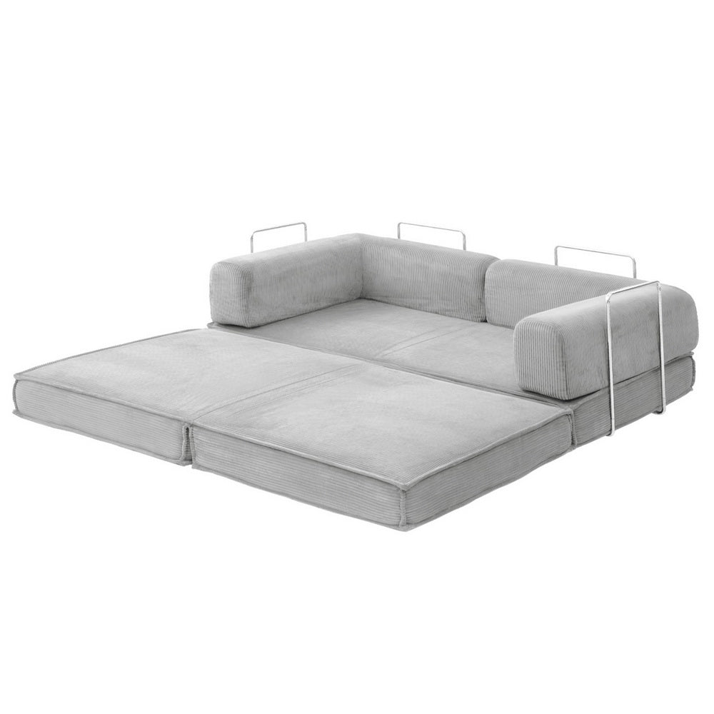Convertible Folding Sofa Bed Grey in unfolded bed position with plush cushions and metal frame supports