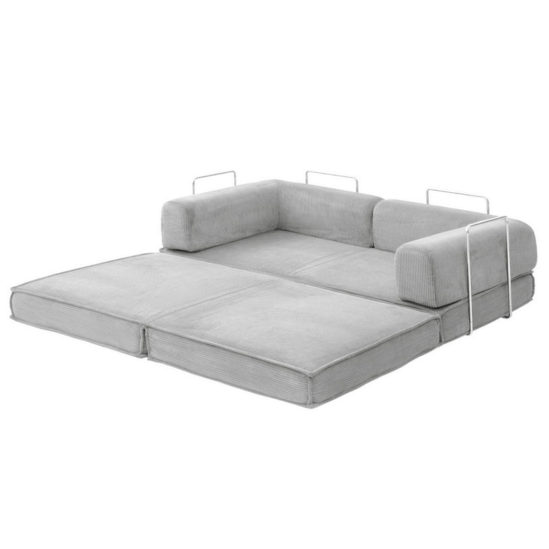Convertible Folding Sofa Bed Grey in unfolded bed position with plush cushions and metal frame supports