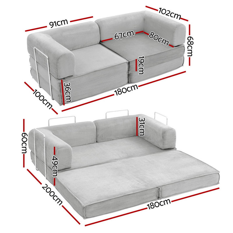 Convertible Folding Sofa Bed Grey with soft upholstery, shown in sofa and bed form with detailed measurements and handles.
