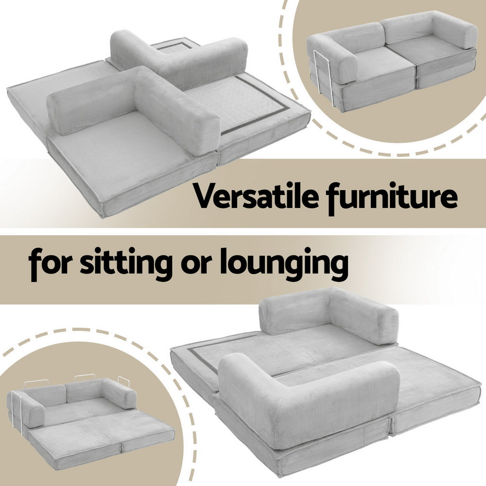 Convertible Folding Sofa Bed Grey shown in multiple configurations for sitting or lounging in a modern style
