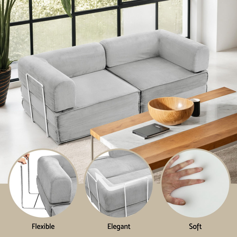 Convertible Folding Sofa Bed Grey in soft grey fabric with flexible steel frame, shown as sofa with coffee table and inset detail views