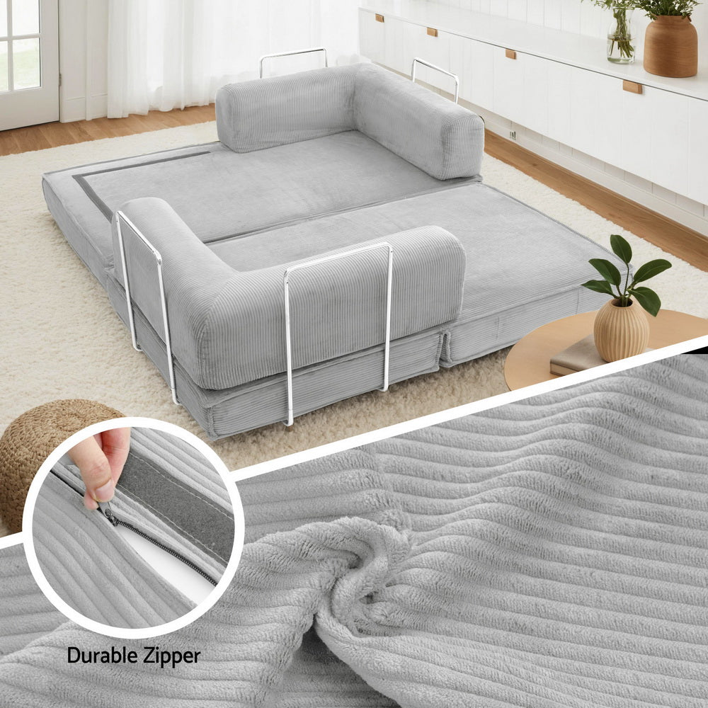 Convertible Folding Sofa Bed Grey in folded bed form with plush fabric, metal frame, and durable zipper detail close-up.