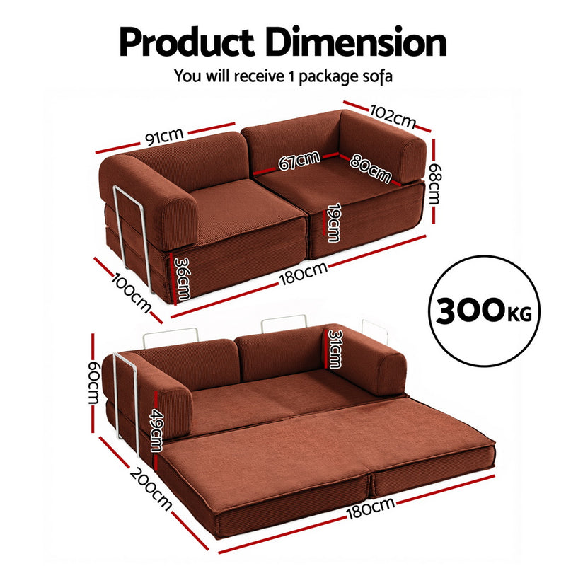 Convertible Folding Sofa Bed Orange shown with dimensions in sofa and unfolded bed positions, weight capacity 300KG.