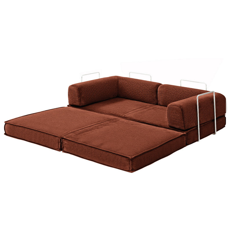 Convertible Folding Sofa Bed Orange with cushioned seating and backrest, featuring a sturdy steel frame on white background