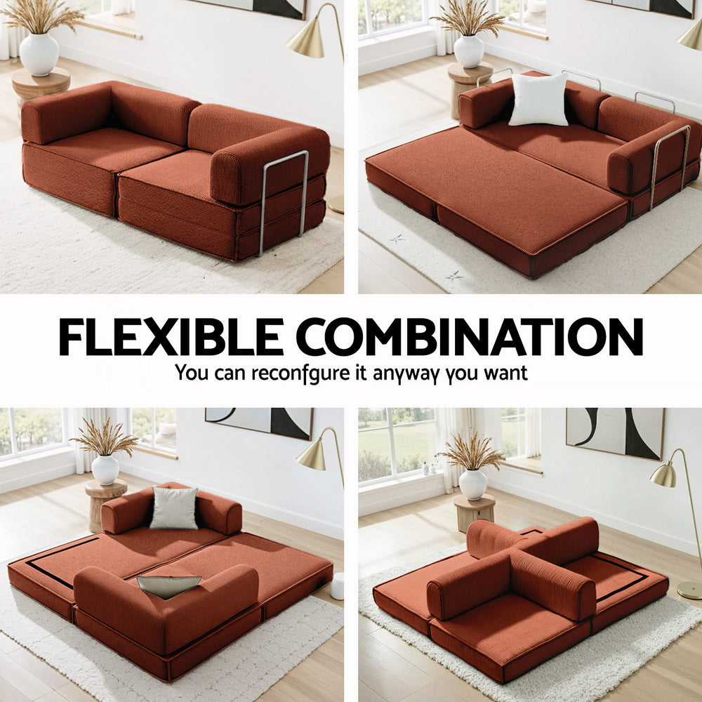 Convertible Folding Sofa Bed Orange shown in multiple configurations with rust-orange upholstery in a bright living room setting