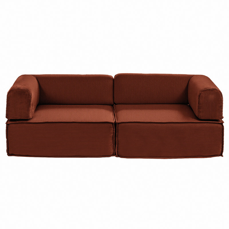 Convertible Folding Sofa Bed Orange in ribbed fabric with cushioned armrests, designed for versatile living spaces.