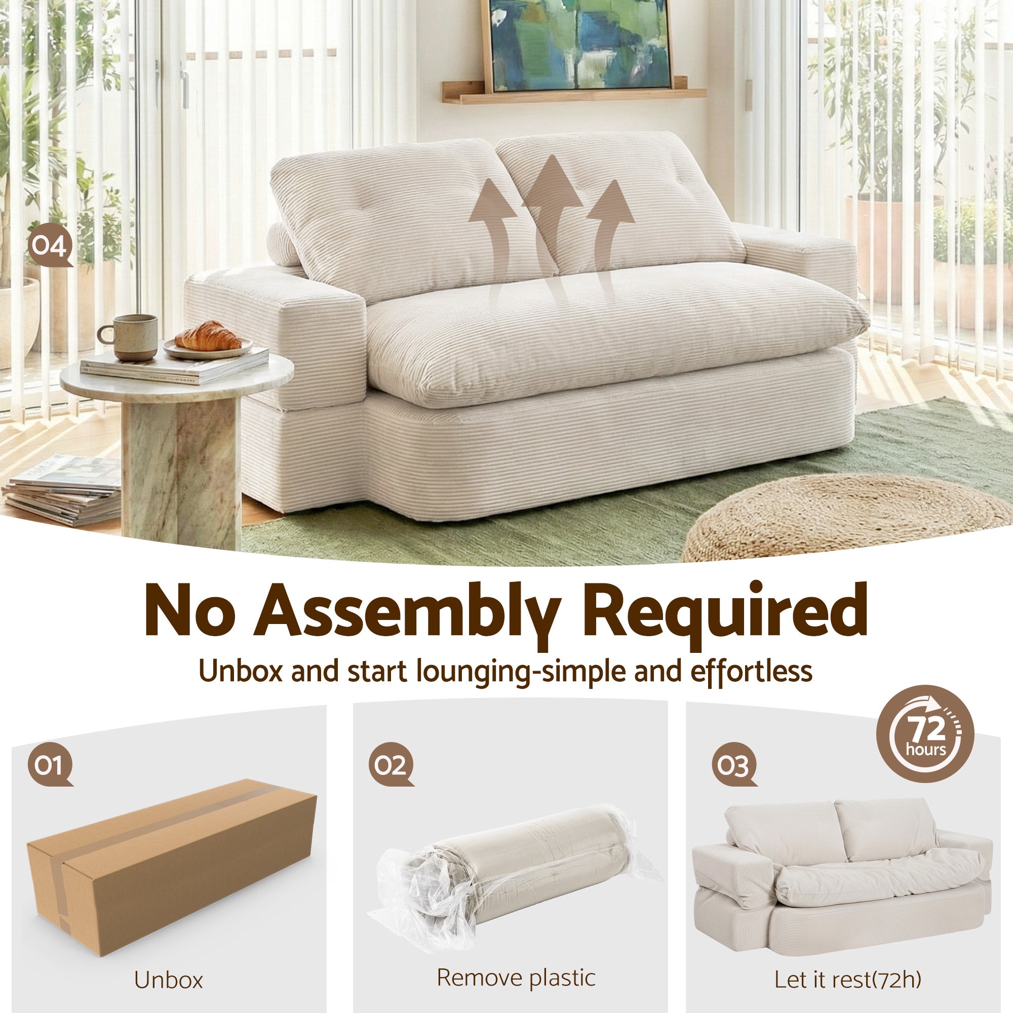 Convertible Folding Sofa Bed 30D High-Density Foam Boneless Couch with Corduroy Sleeper Couch Lounger for Living Room Beign