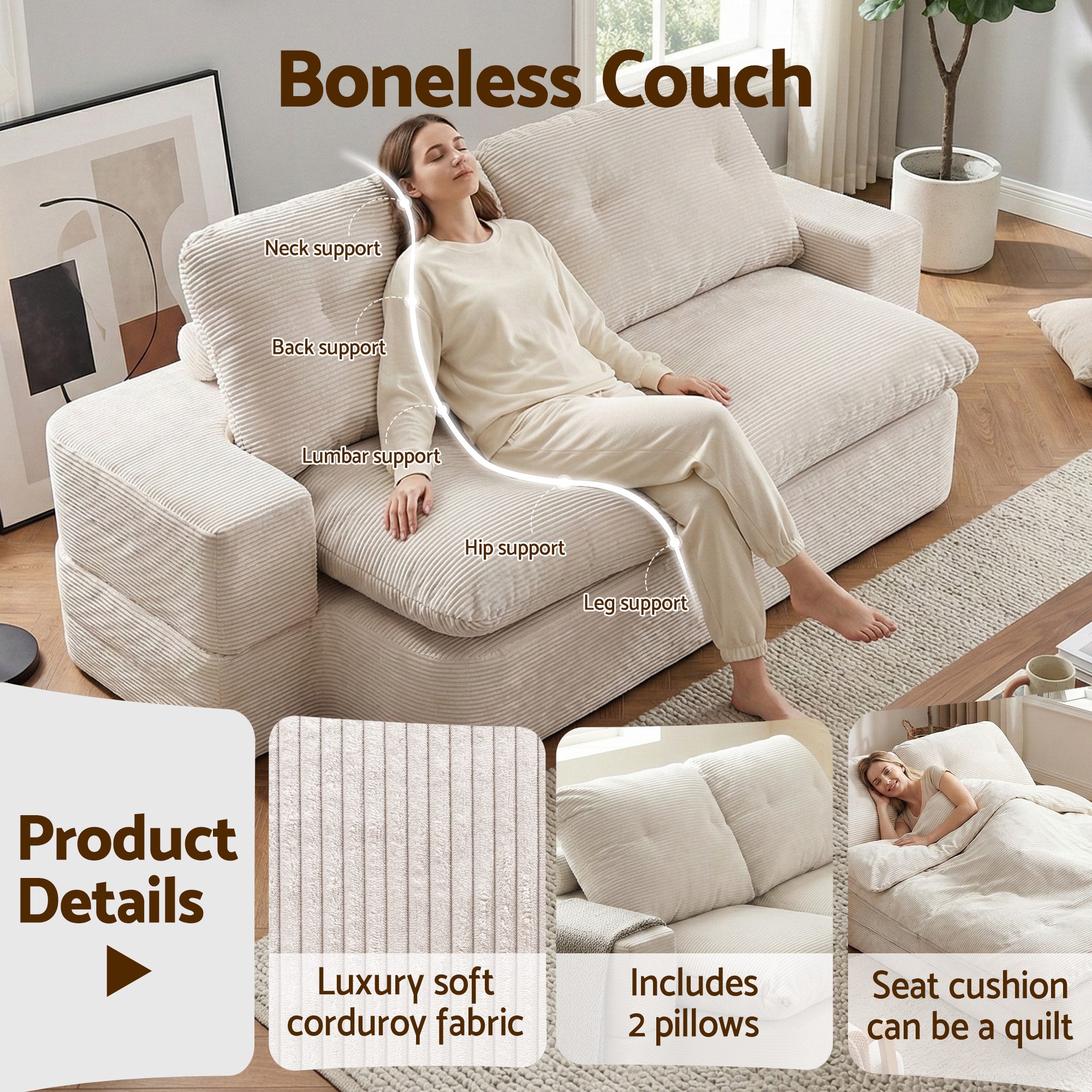Convertible Folding Sofa Bed 30D High-Density Foam Boneless Couch with Corduroy Sleeper Couch Lounger for Living Room Beign