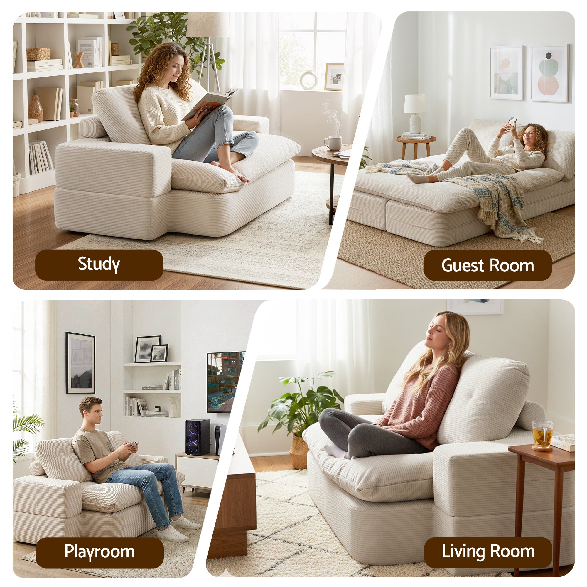 Convertible Folding Sofa Bed 30D High-Density Foam Boneless Couch with Corduroy Sleeper Couch Lounger for Living Room Beign