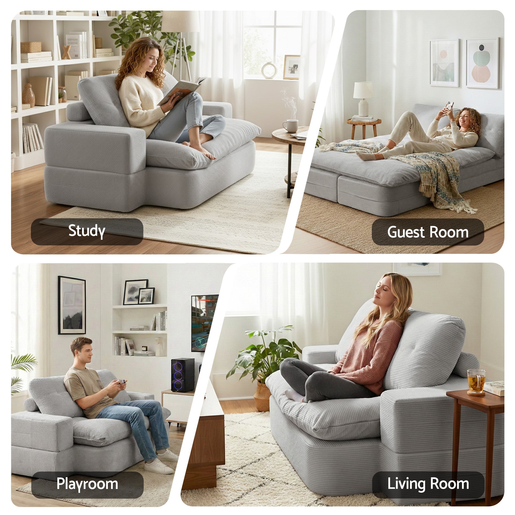 Convertible Folding Sofa Bed 30D High-Density Foam Boneless Couch with Corduroy Sleeper Couch Lounger for Living Room Grey