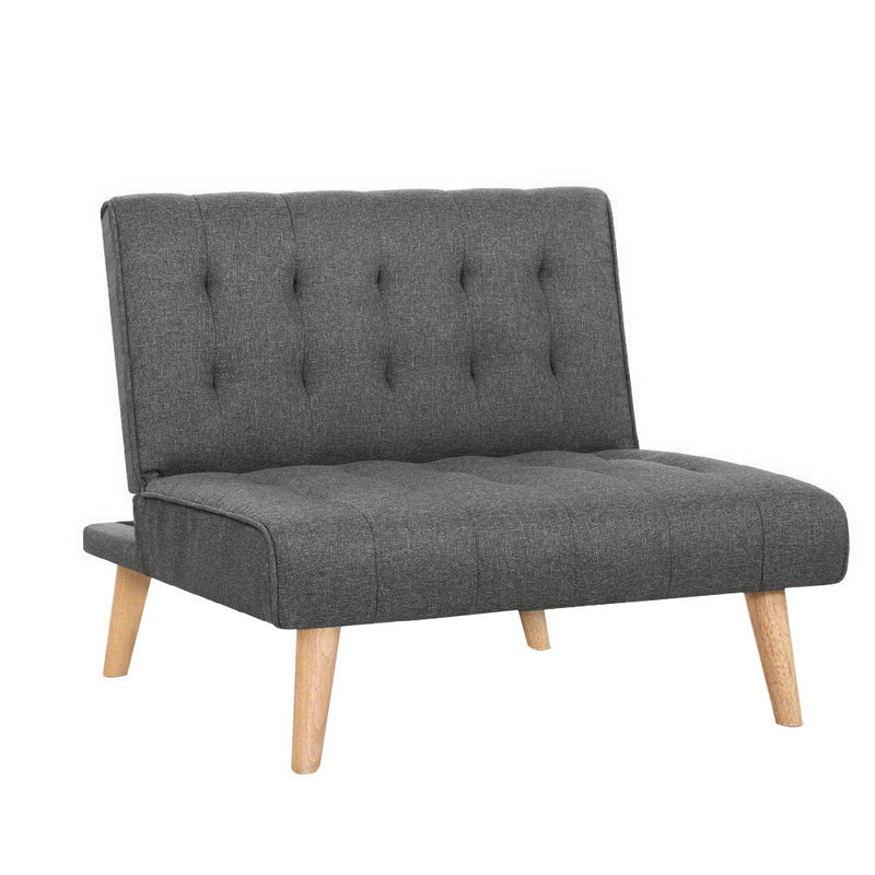 Sofa Lounge Recliner Futon Chair in gray faux linen with tufted upholstery and solid rubber wood legs on white background