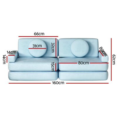Sofa Bed 160CM DIY Couch Velvet Blue with modular cushions and armrests, shown with detailed dimension markings
