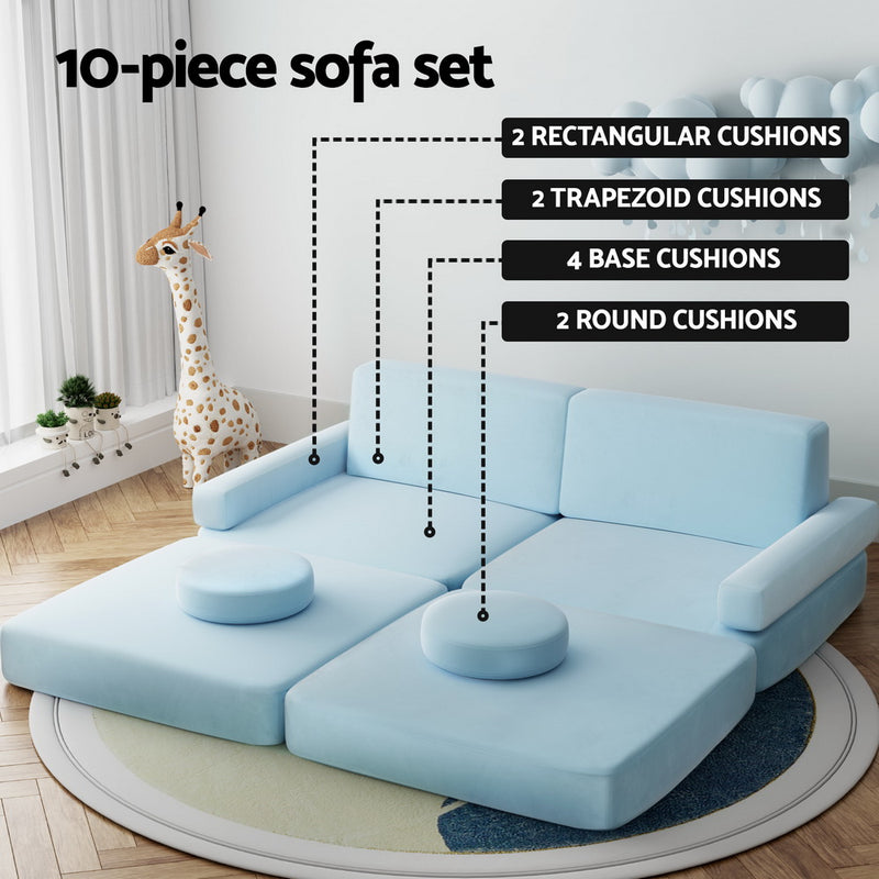 Sofa Bed 160CM DIY Couch Velvet Blue with 10-piece modular cushion set including rectangular, trapezoid, base, and round cushions
