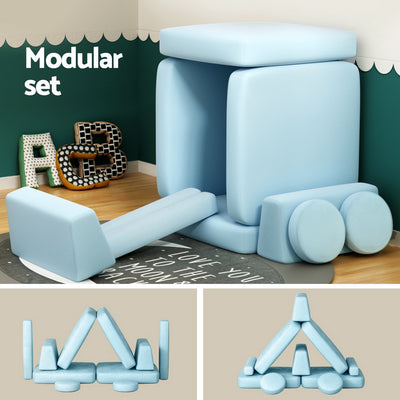 Sofa Bed 160CM DIY Couch Velvet Blue modular set with soft cushions arranged in various shapes on playroom floor