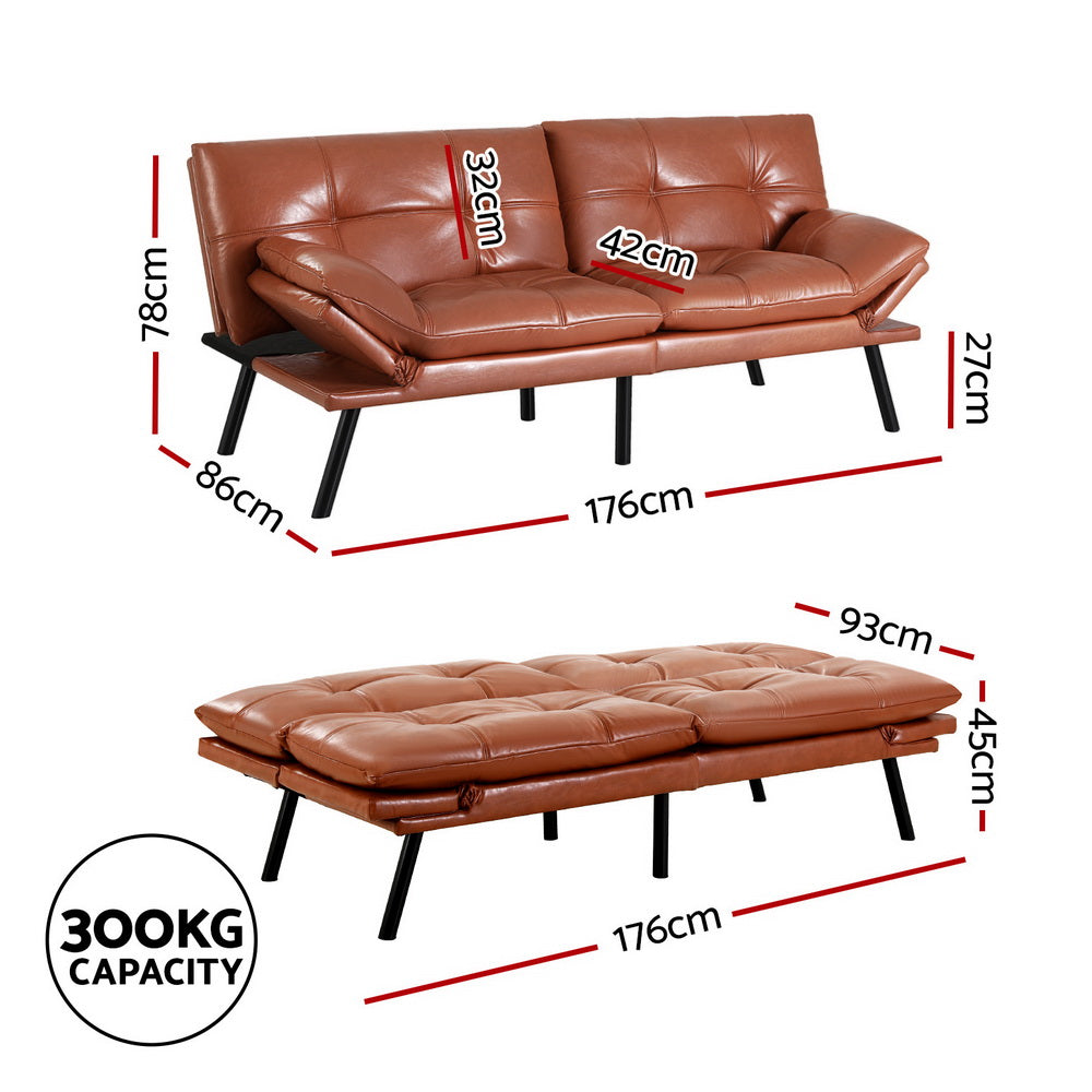 3-Seater Split Back PU Leather Sofa Bed – Brown with tufted cushions, metal legs, and 300kg capacity in sofa and bed form