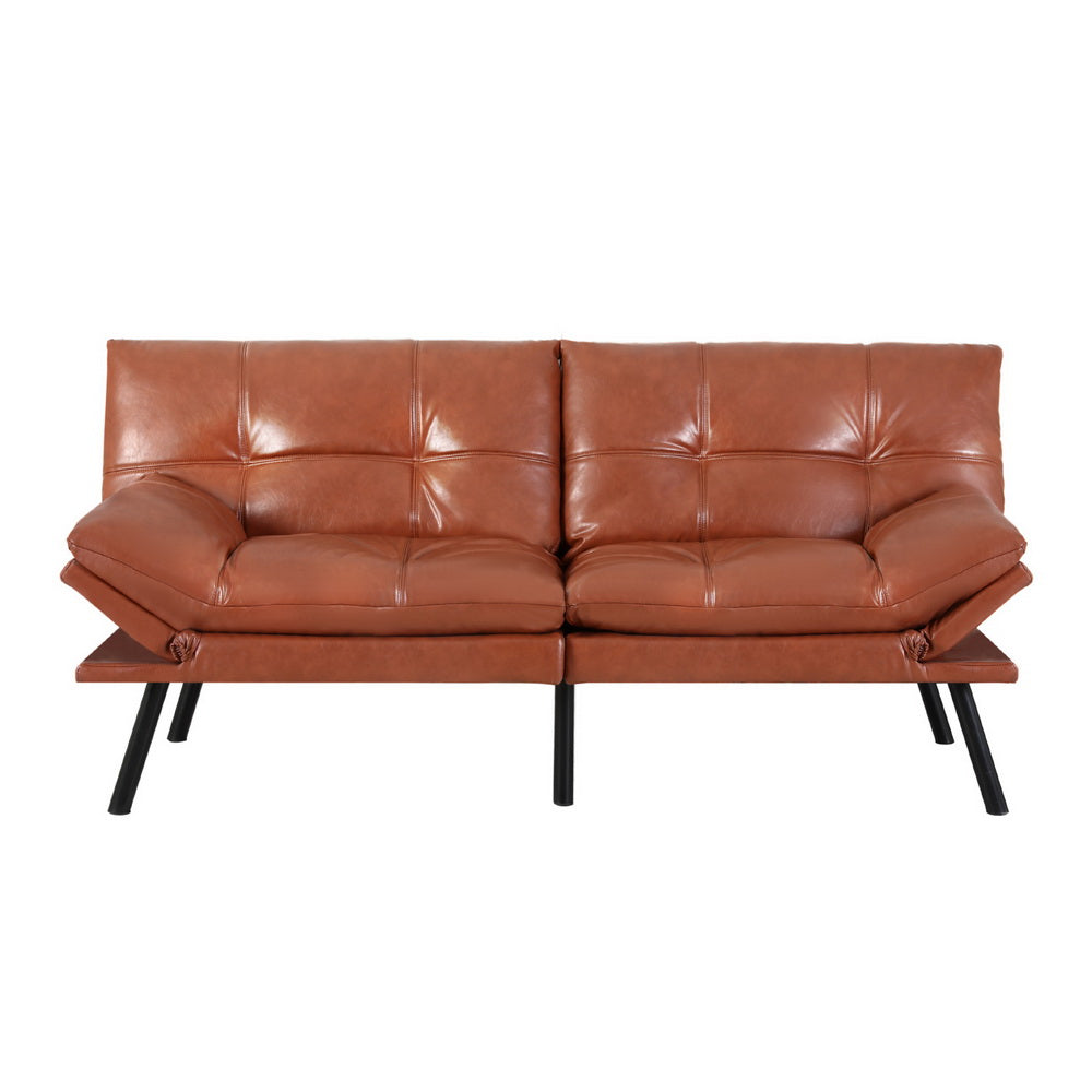 3-Seater Split Back PU Leather Sofa Bed – Brown with tufted cushions, angled armrests, and black metal legs on white background